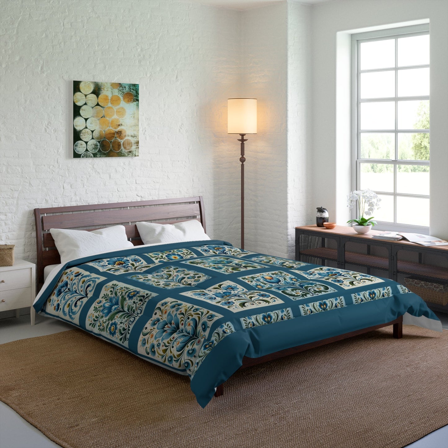 Scandinavian Blue Folk Art Design, 4 sizes Original Design Coverlet - FlooredByArt
