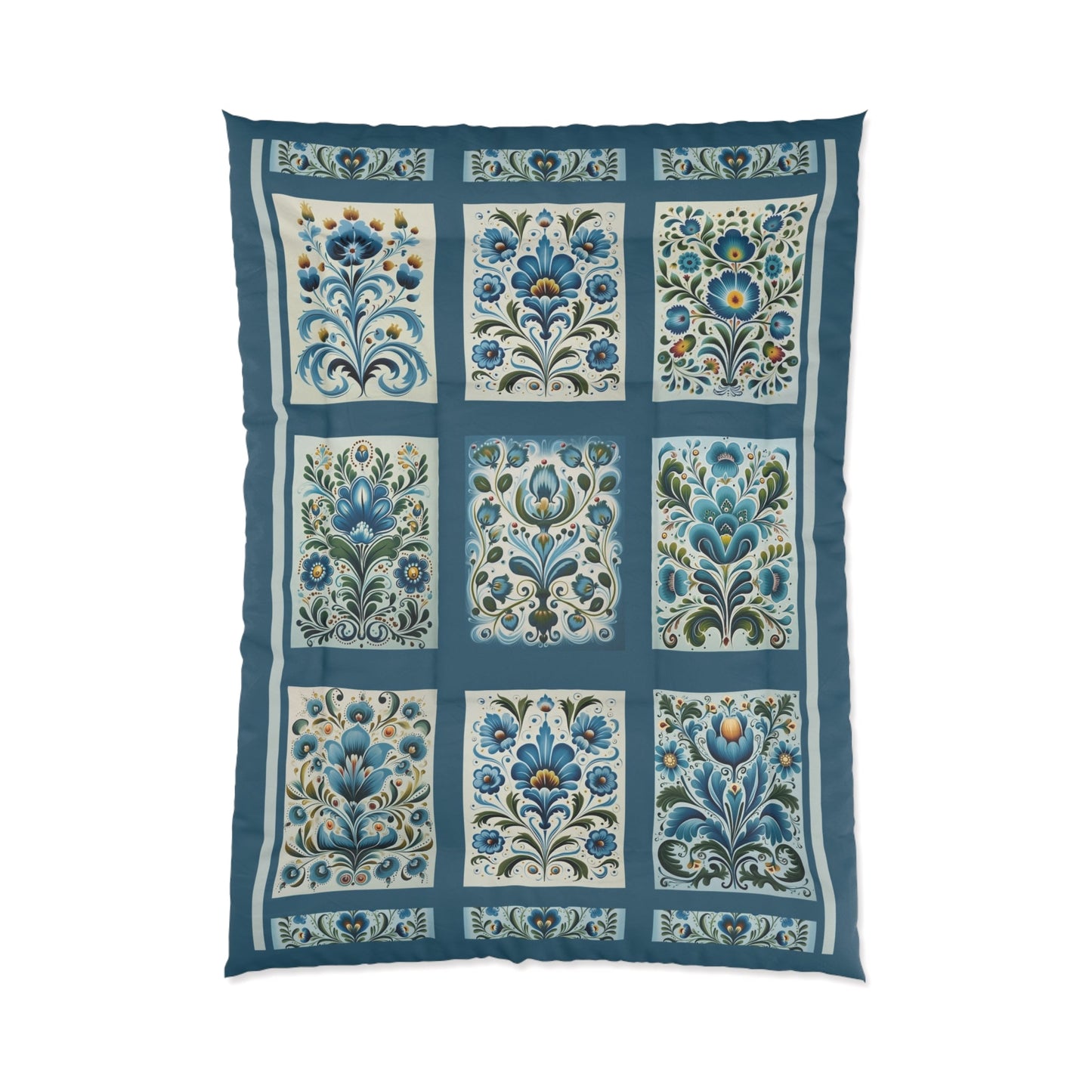 Scandinavian Blue Folk Art Design, 4 sizes Original Design Coverlet - FlooredByArt