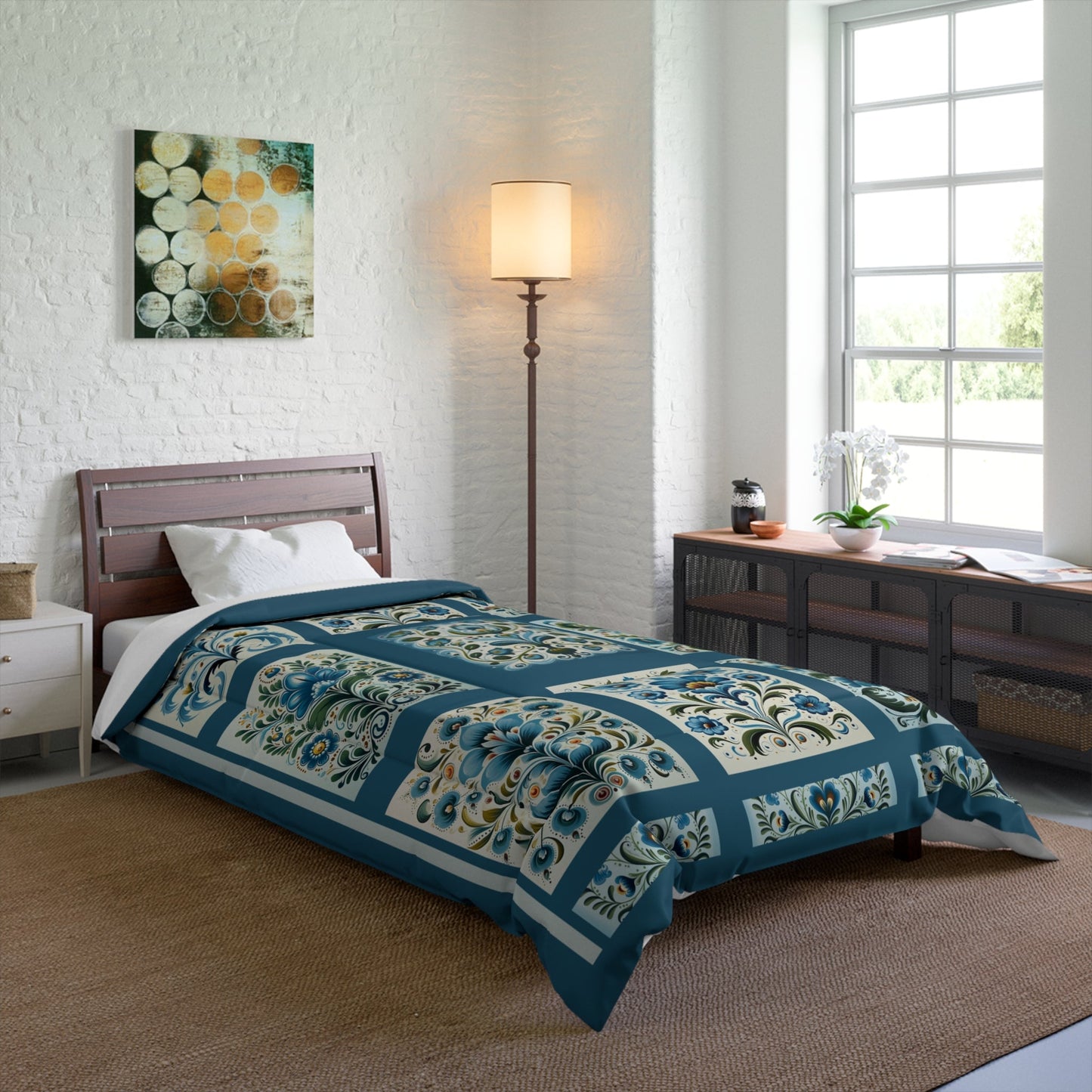 Scandinavian Blue Folk Art Design, 4 sizes Original Design Coverlet - FlooredByArt