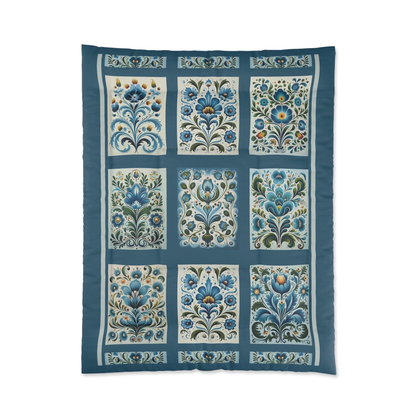 Scandinavian Blue Folk Art Design, 4 sizes Original Design Coverlet - FlooredByArt