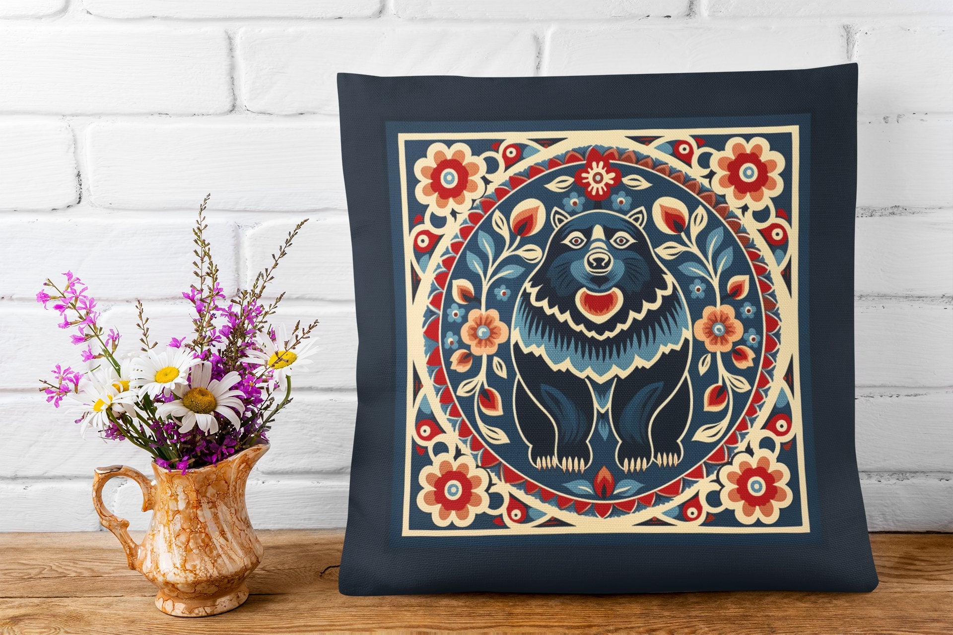 Scandinavian Folk Art Bear, Boho Decor Artsy Bear Pillow, Boho Cushion - FlooredByArt