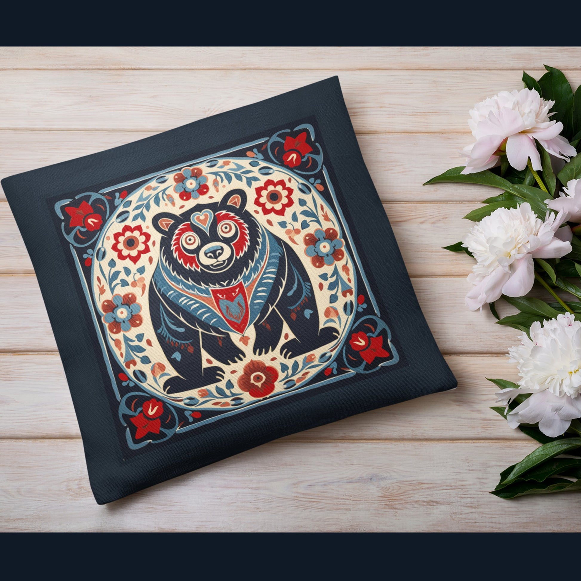 Scandinavian Folk Art Bear, Boho Decor Artsy Bear Pillow, Boho Cushion - FlooredByArt