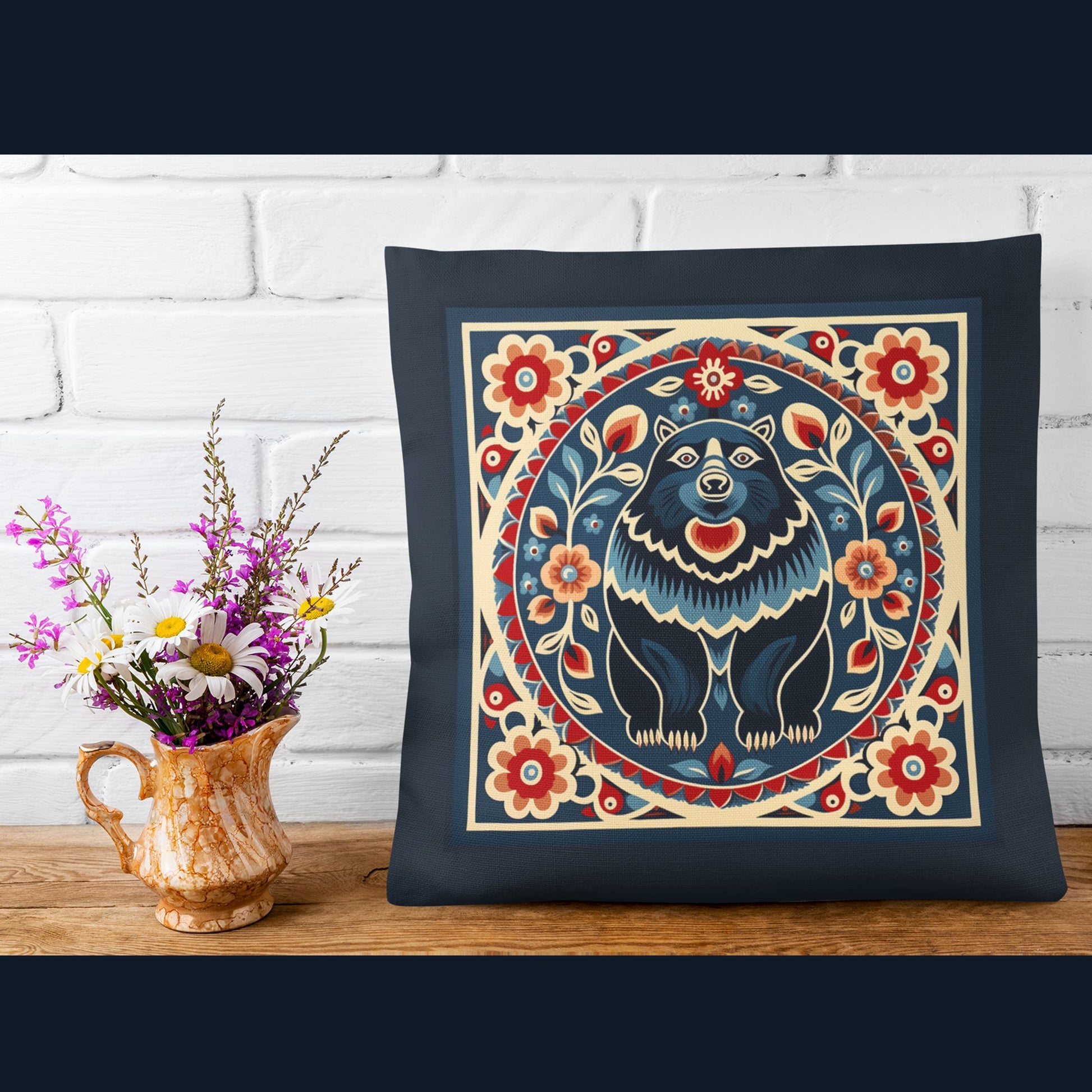 Scandinavian Folk Art Bear, Boho Decor Artsy Bear Pillow, Boho Cushion - FlooredByArt