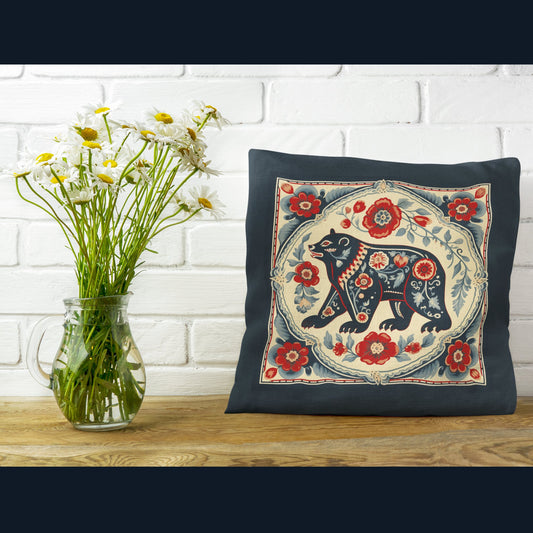 Scandinavian Folk Art Bear, Boho Decor Artsy Bear Pillow, Boho Cushion - FlooredByArt