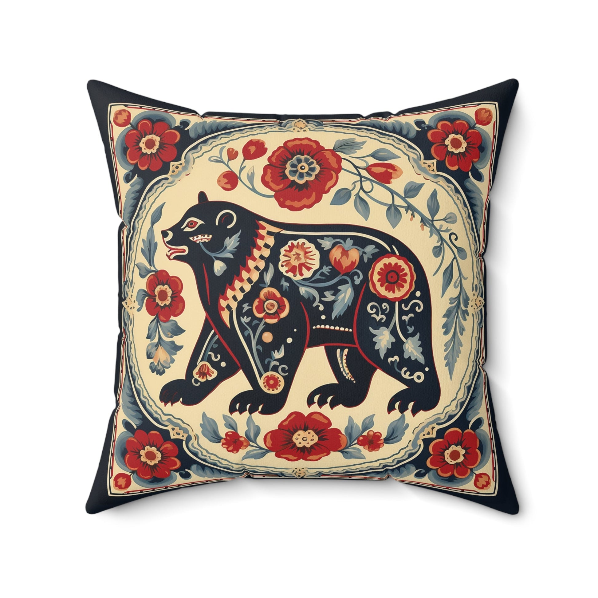 Scandinavian Folk Art Bear, Boho Decor Artsy Bear Pillow, Boho Cushion Accent Print, 4 sizes Living Room, Bedroom, Kitchen Nook Wedding Gift - FlooredByArt