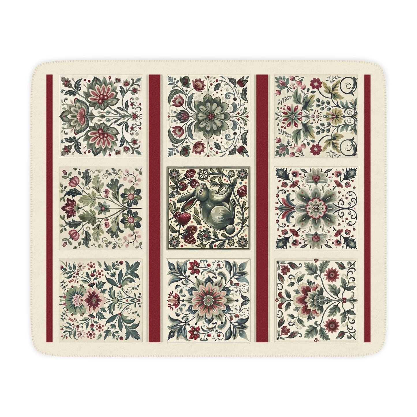 Scandinavian Style Ivory Folk Art Blanket, Ivory, Sage Green, Berry, 3 Variations - FlooredByArt