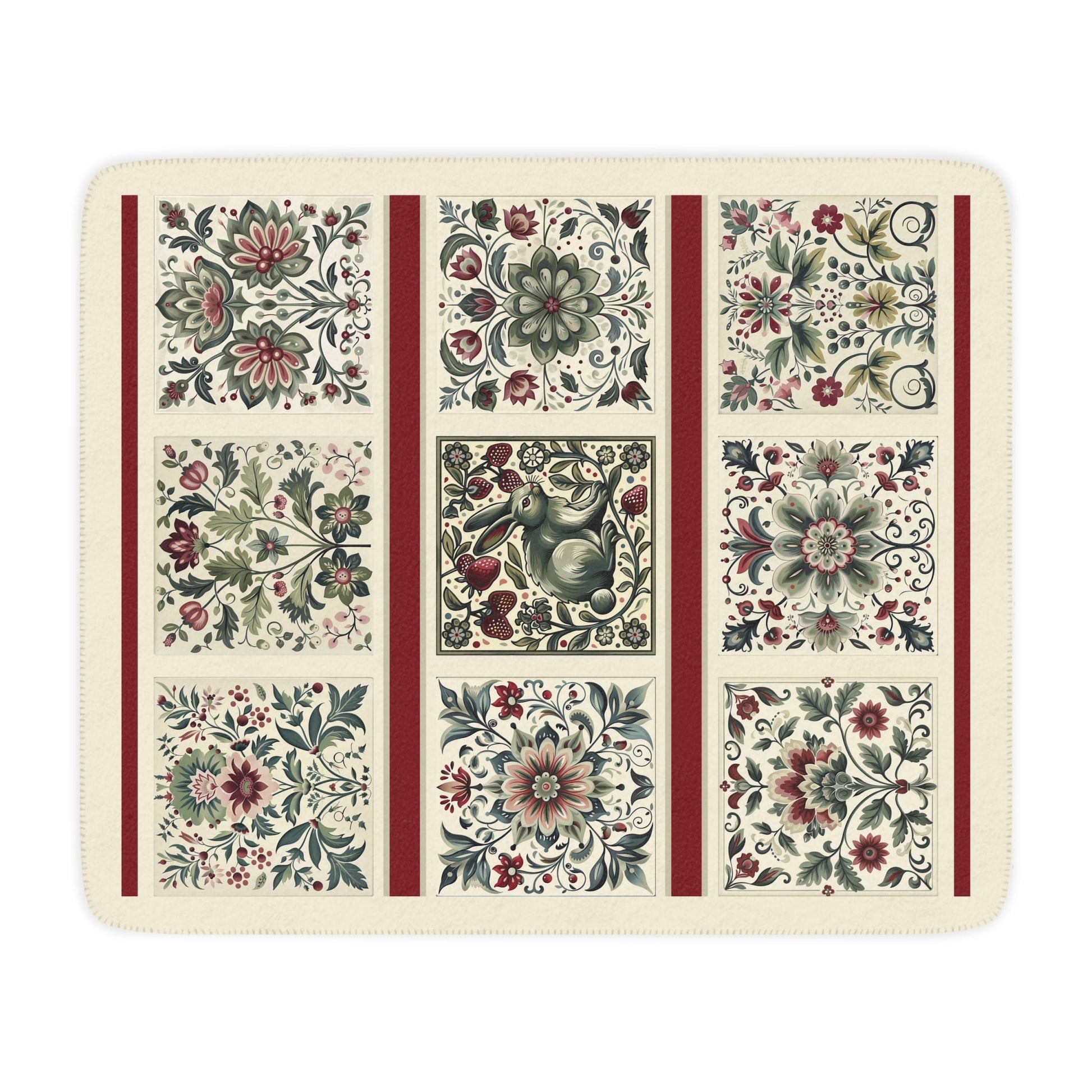 Scandinavian Style Ivory Folk Art Blanket, Ivory, Sage Green, Berry, 3 Variations - FlooredByArt
