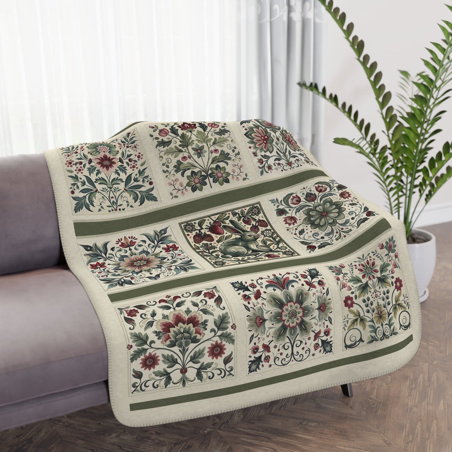 Scandinavian Style Ivory Folk Art Blanket, Ivory, Sage Green, Berry, 3 Variations - FlooredByArt