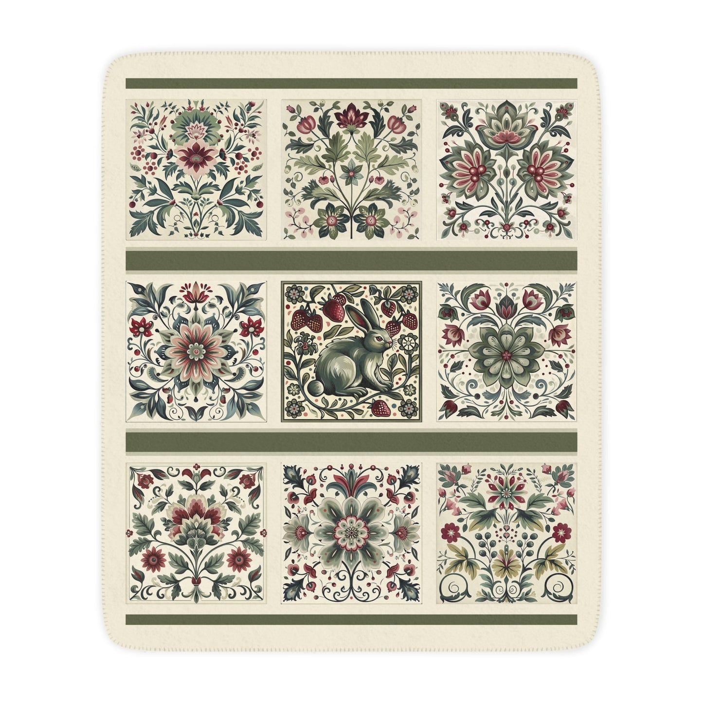Scandinavian Style Ivory Folk Art Blanket, Ivory, Sage Green, Berry, 3 Variations - FlooredByArt