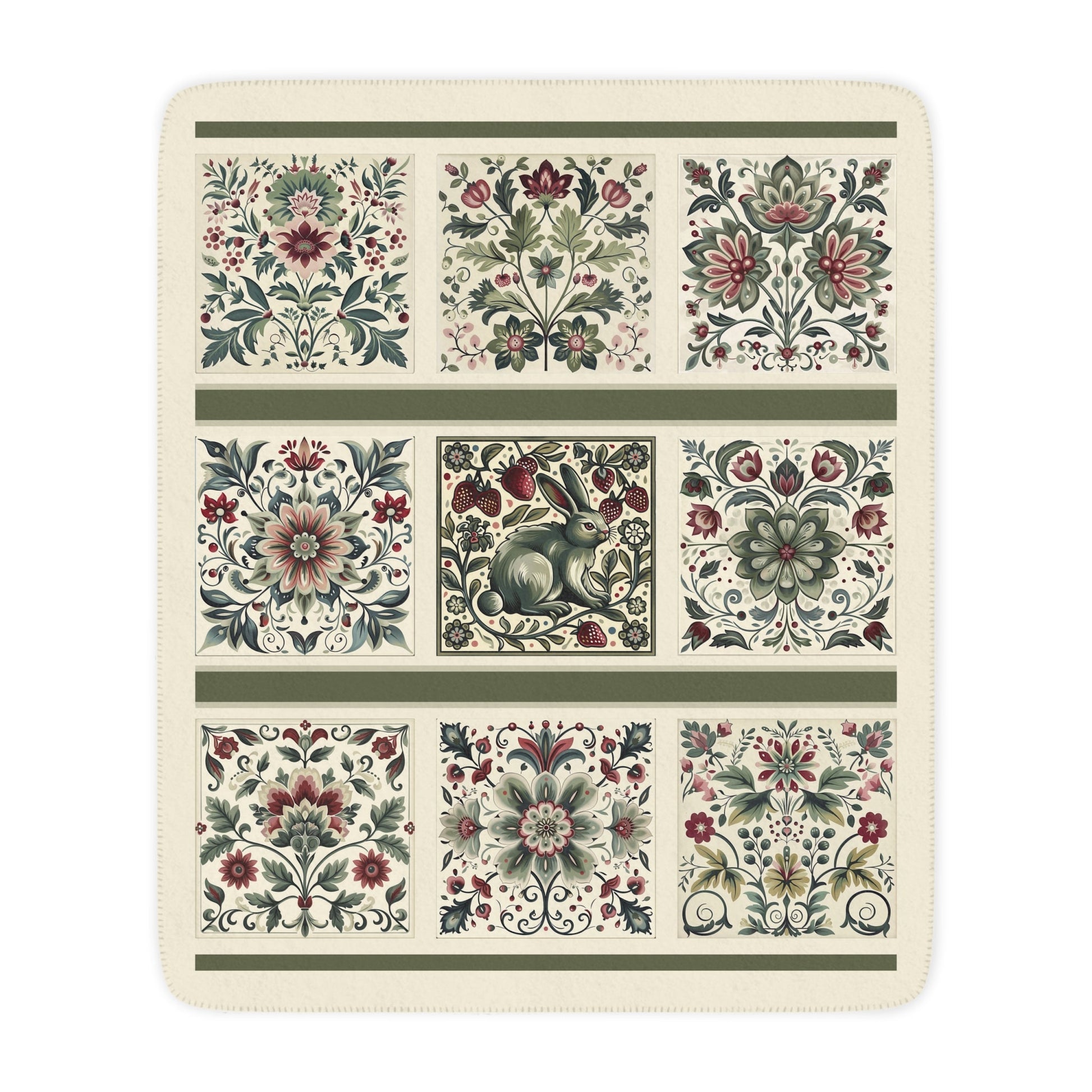 Scandinavian Style Ivory Folk Art Blanket, Ivory, Sage Green, Berry, 3 Variations - FlooredByArt