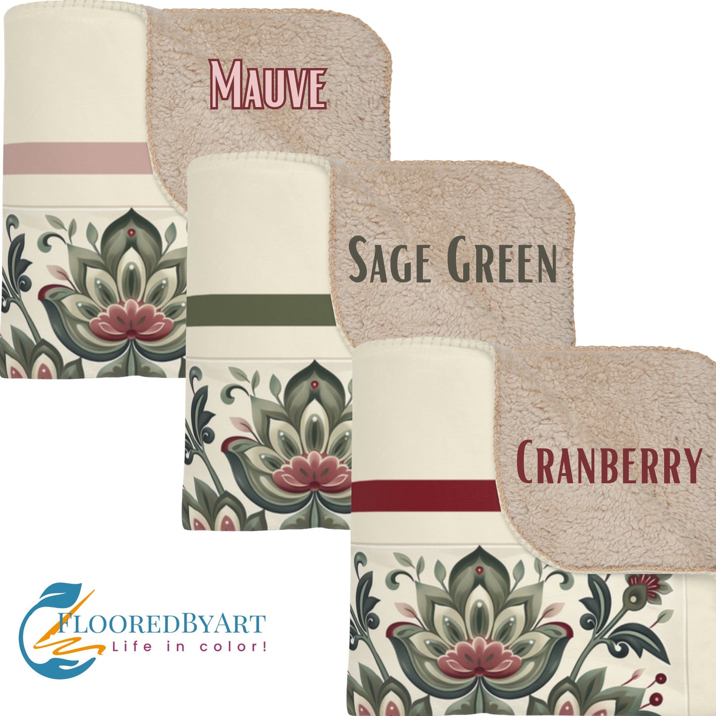 Scandinavian Style Ivory Folk Art Blanket, Ivory, Sage Green, Berry, 3 Variations - FlooredByArt