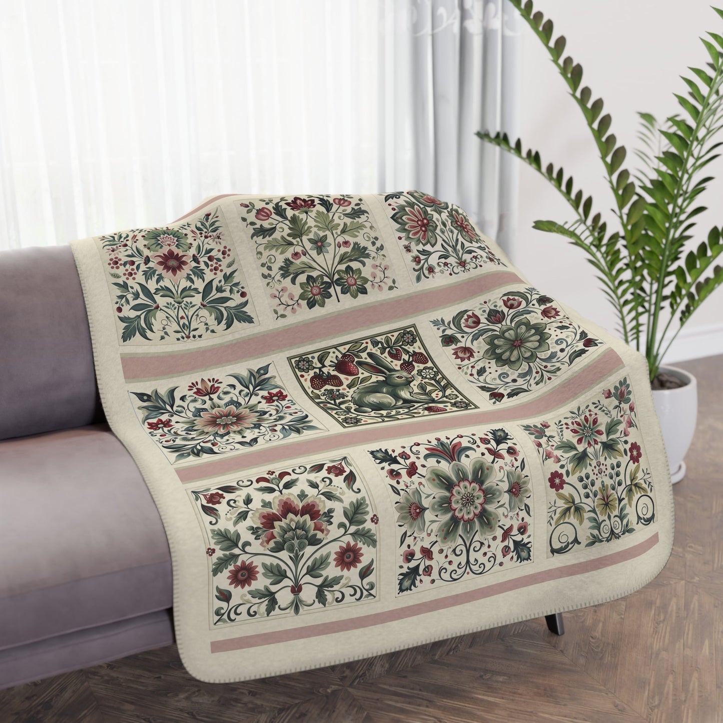 Scandinavian Style Ivory Folk Art Blanket, Ivory, Sage Green, Berry, 3 Variations - FlooredByArt