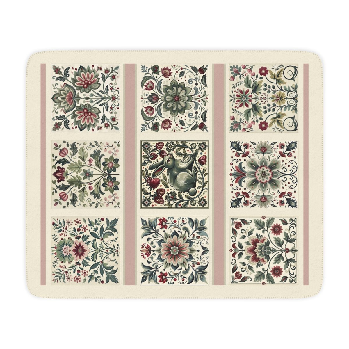 Scandinavian Style Ivory Folk Art Blanket, Ivory, Sage Green, Berry, 3 Variations - FlooredByArt