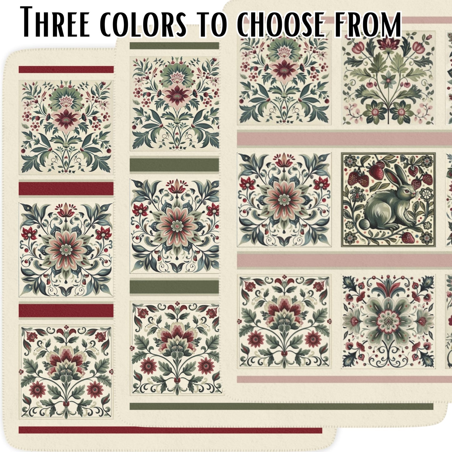 Scandinavian Style Ivory Folk Art Blanket, Ivory, Sage Green, Berry, 3 Variations - FlooredByArt