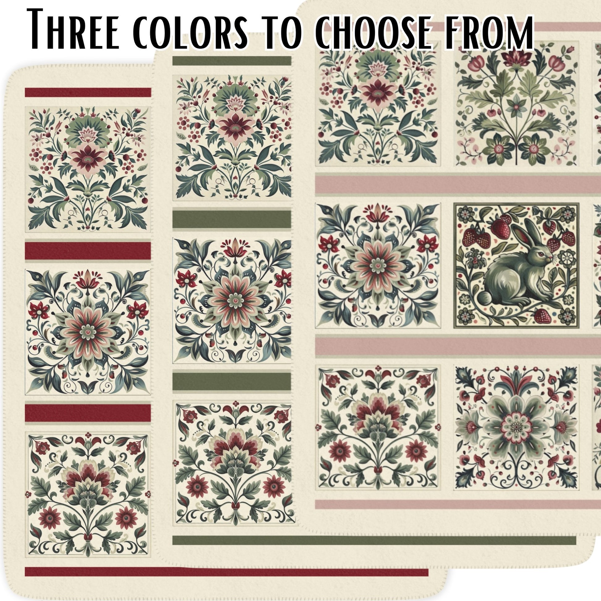 Scandinavian Style Ivory Folk Art Blanket, Ivory, Sage Green, Berry, 3 Variations - FlooredByArt