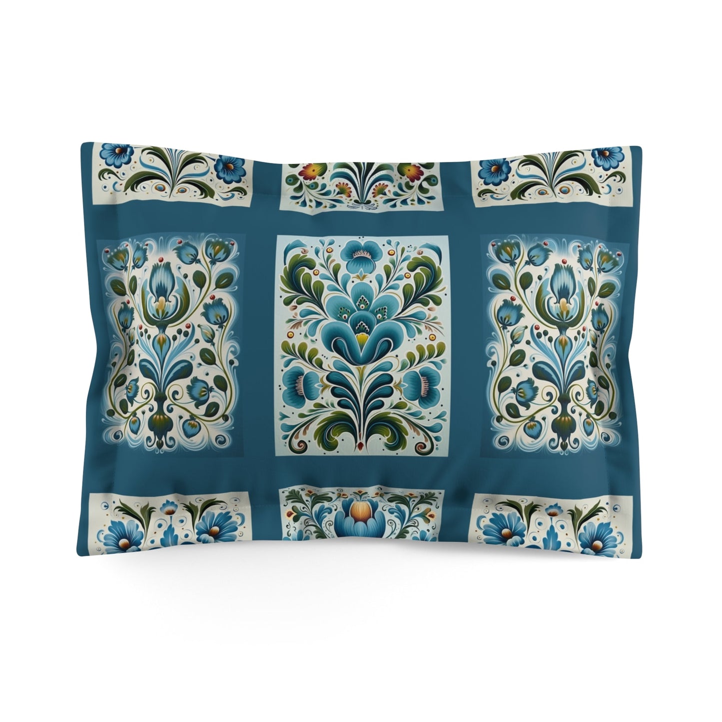 Scandinavian Style Microfiber Pillow Sham, Blue Folk Art Design, Boho Bedroom Decor - FlooredByArt