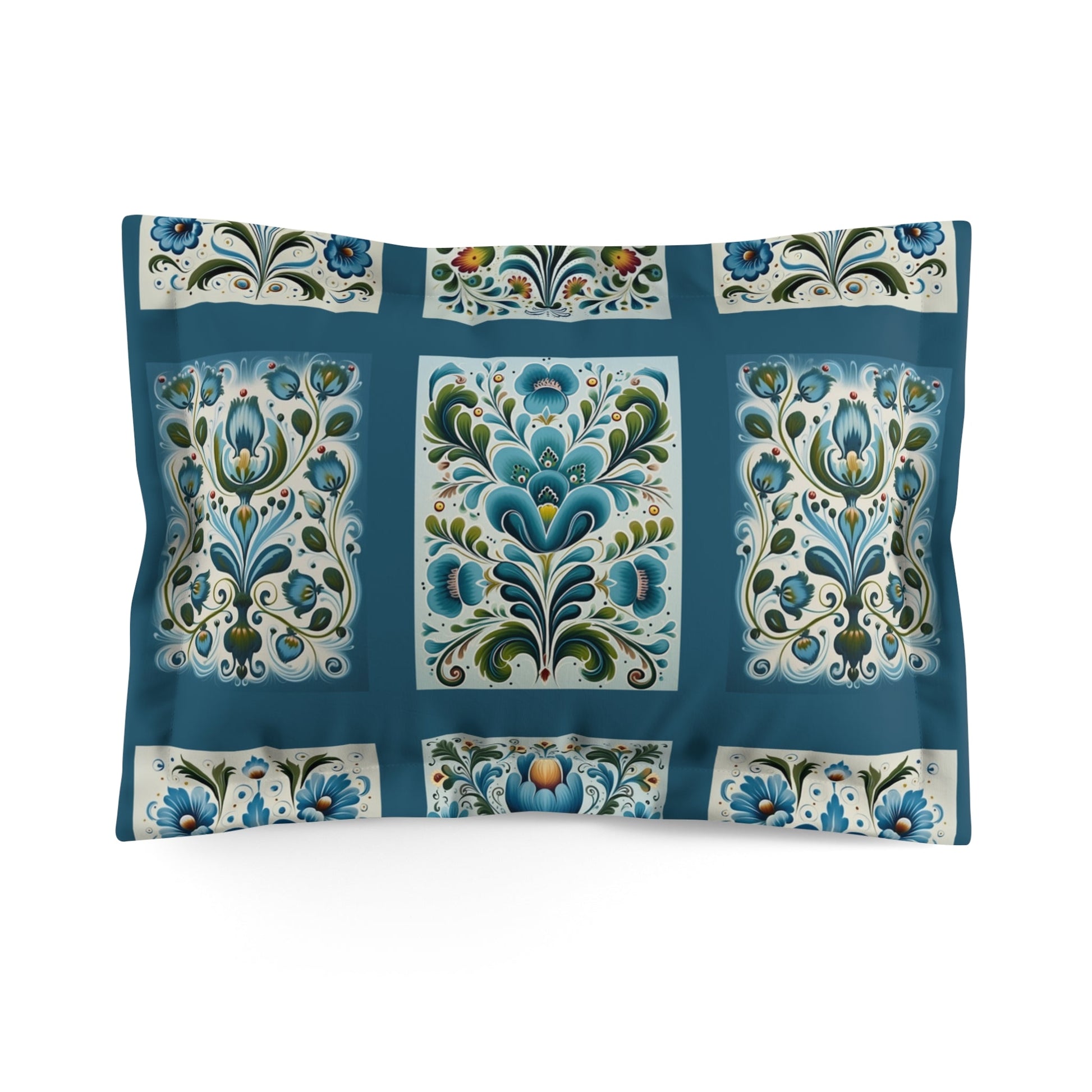 Scandinavian Style Microfiber Pillow Sham, Blue Folk Art Design, Boho Bedroom Decor - FlooredByArt