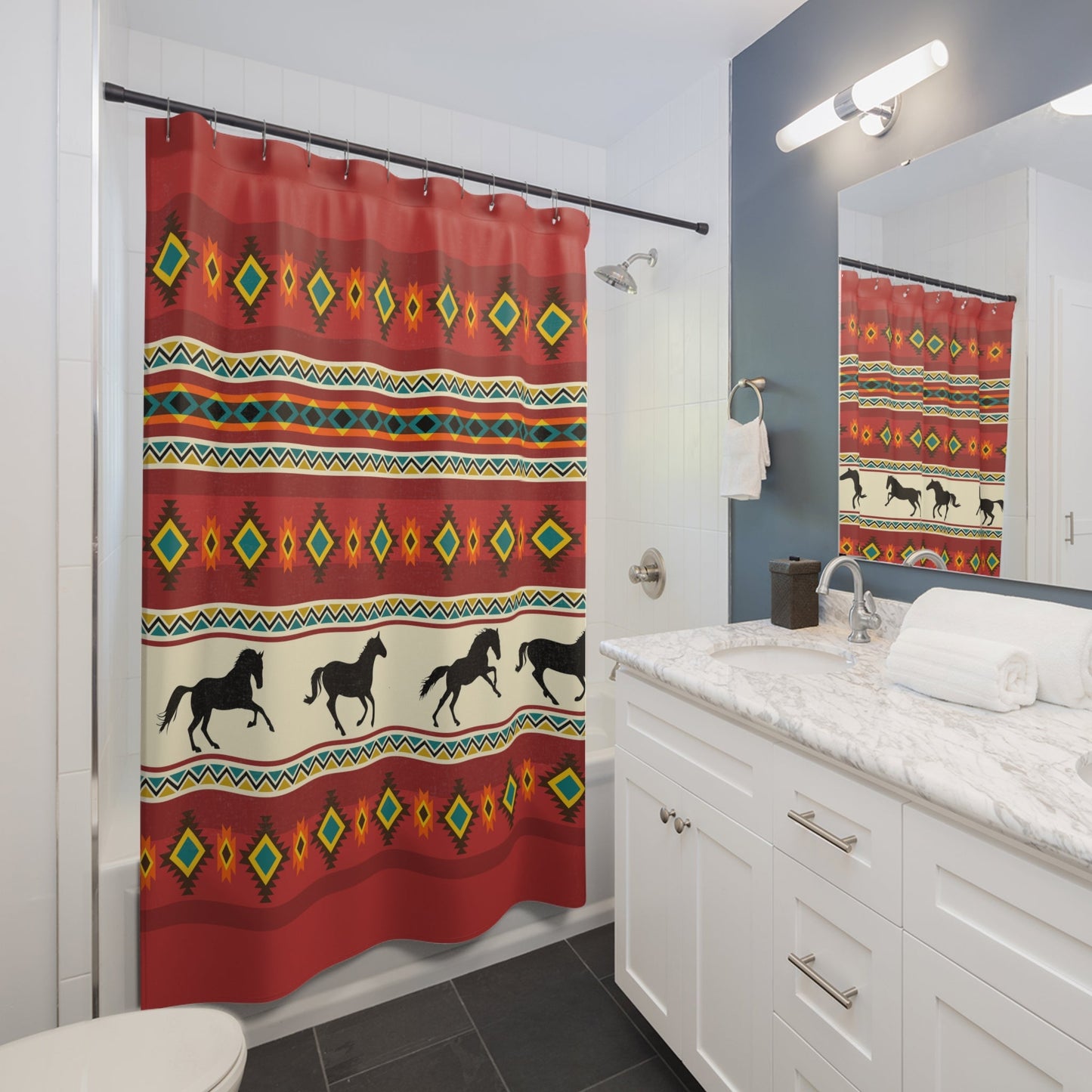 Southwestern Navajo Theme Shower Curtain, Western Horse Bathroom Decor - FlooredByArt