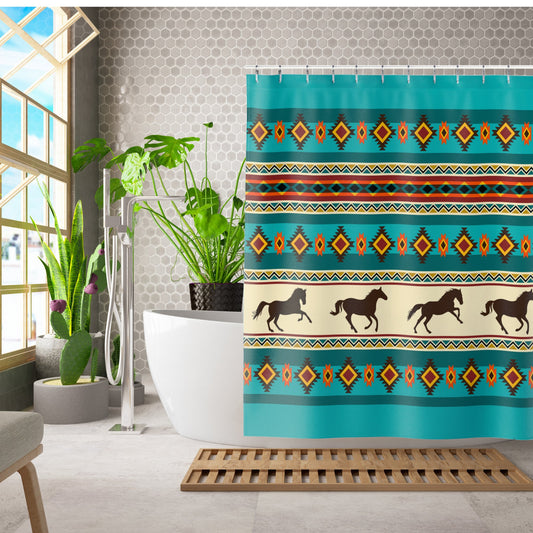 Southwestern Navajo Theme Shower Curtain, Western Horse Bathroom Decor - FlooredByArt