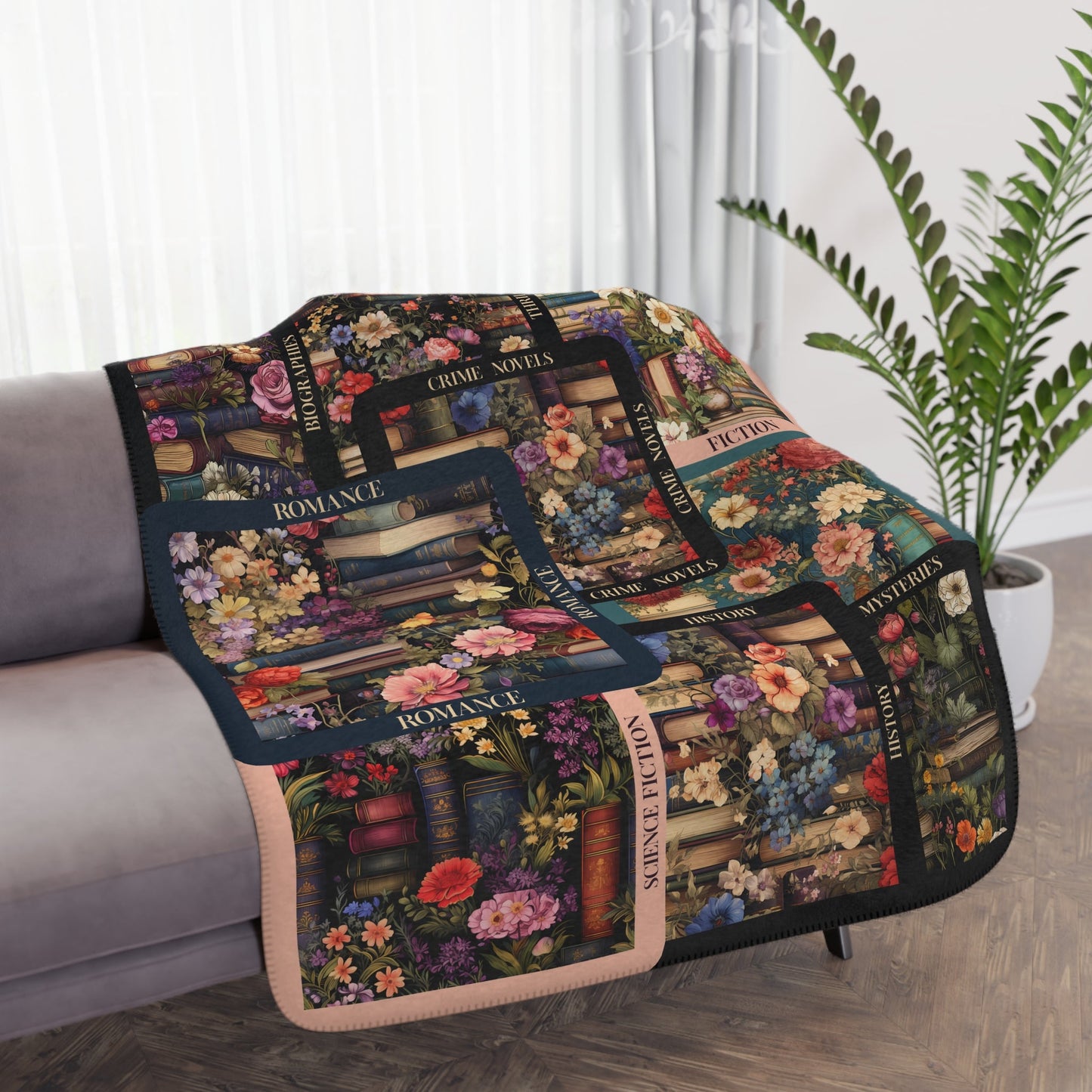 Vintage Books and Flowers Throw Blanket, Unique Literary Art Mosaic - FlooredByArt