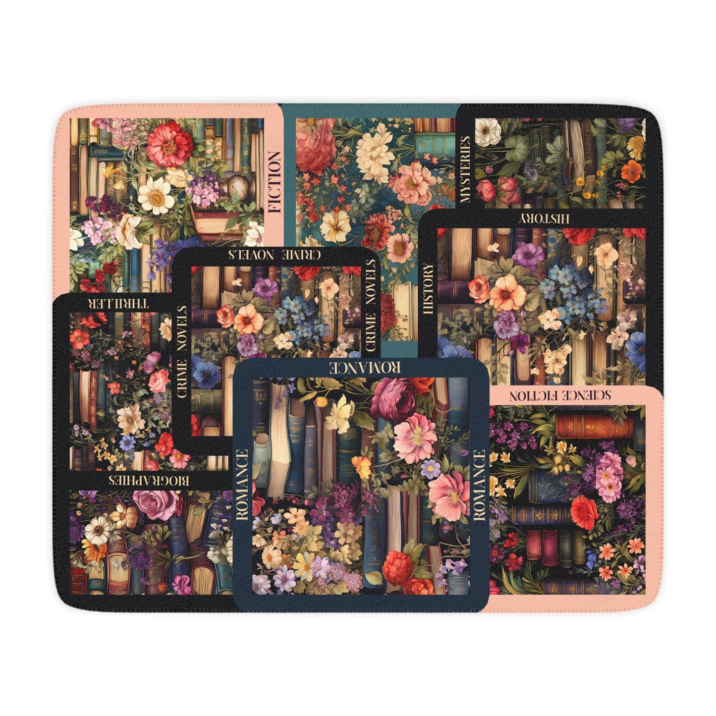 Vintage Books and Flowers Throw Blanket, Unique Literary Art Mosaic - FlooredByArt