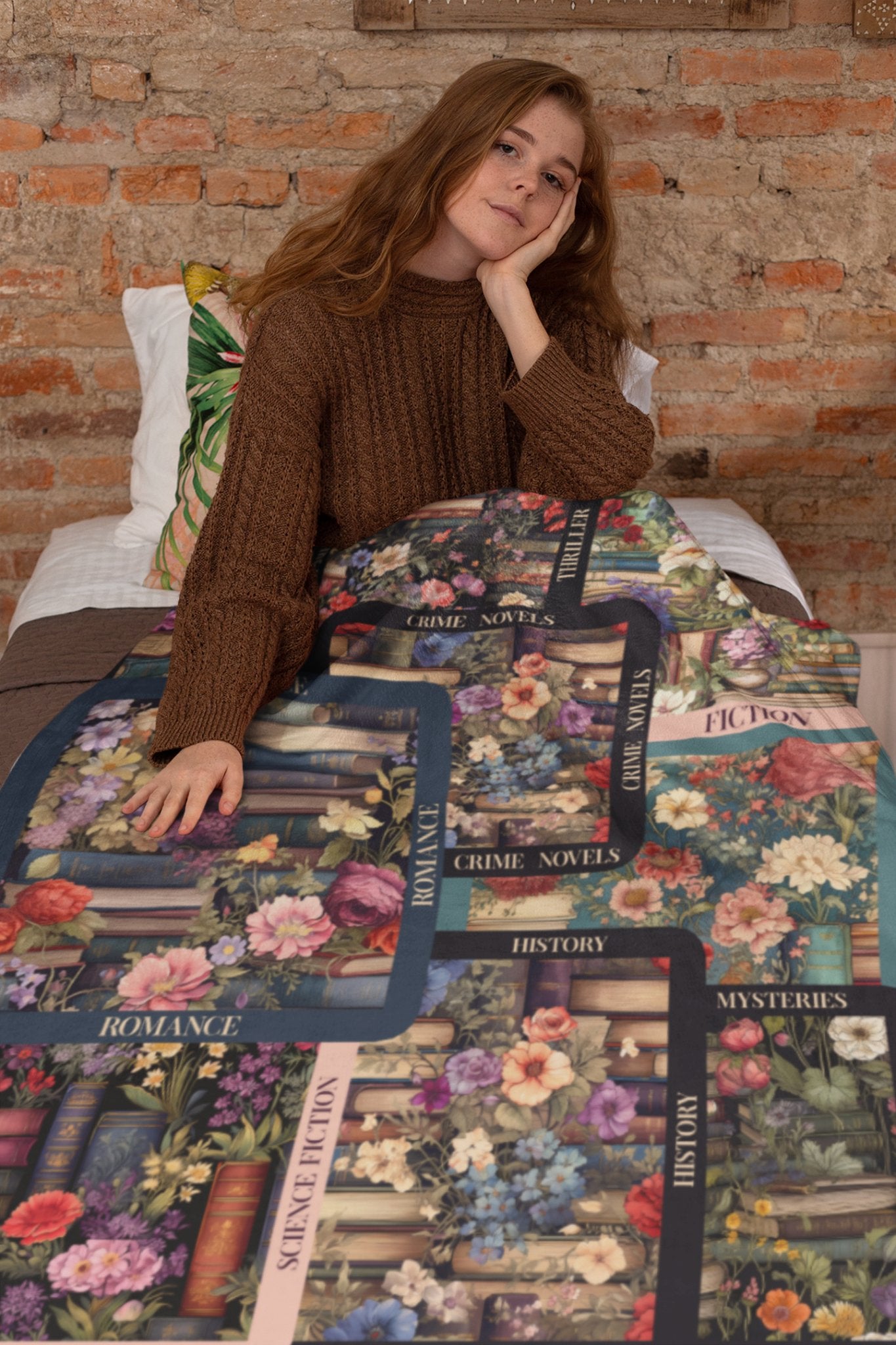 Vintage Books and Flowers Throw Blanket, Unique Literary Art Mosaic - FlooredByArt