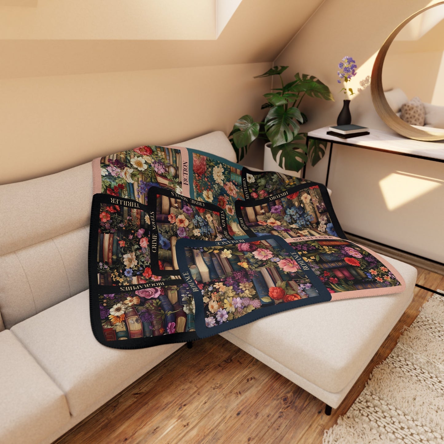 Vintage Books and Flowers Throw Blanket, Unique Literary Art Mosaic - FlooredByArt