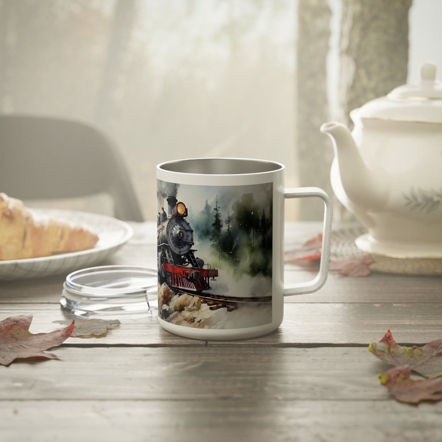 Vintage Steam Engine Custom Insulated Coffee Mug, 10oz - Train Lover Gift - FlooredByArt