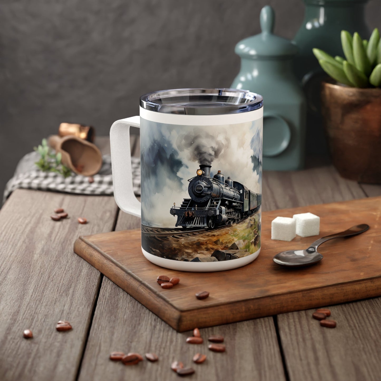 Vintage Steam Engine (style #3) Custom Insulated Coffee Mug, 10oz (Lefty) - FlooredByArt