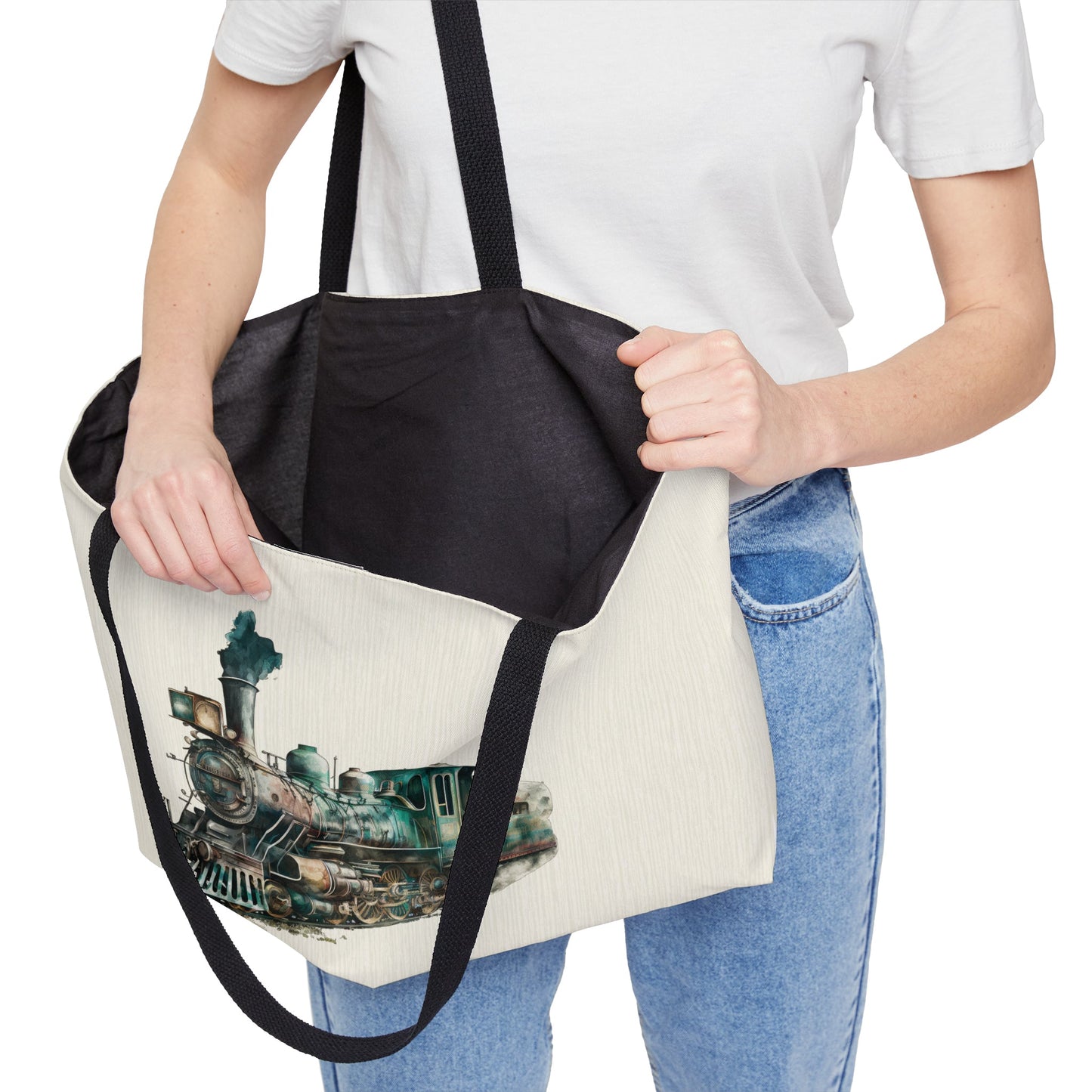 Vintage Steam Engine Train Weekender Tote Bag, Two Trains, Ex Large Train Lover Bag Gift - FlooredByArt