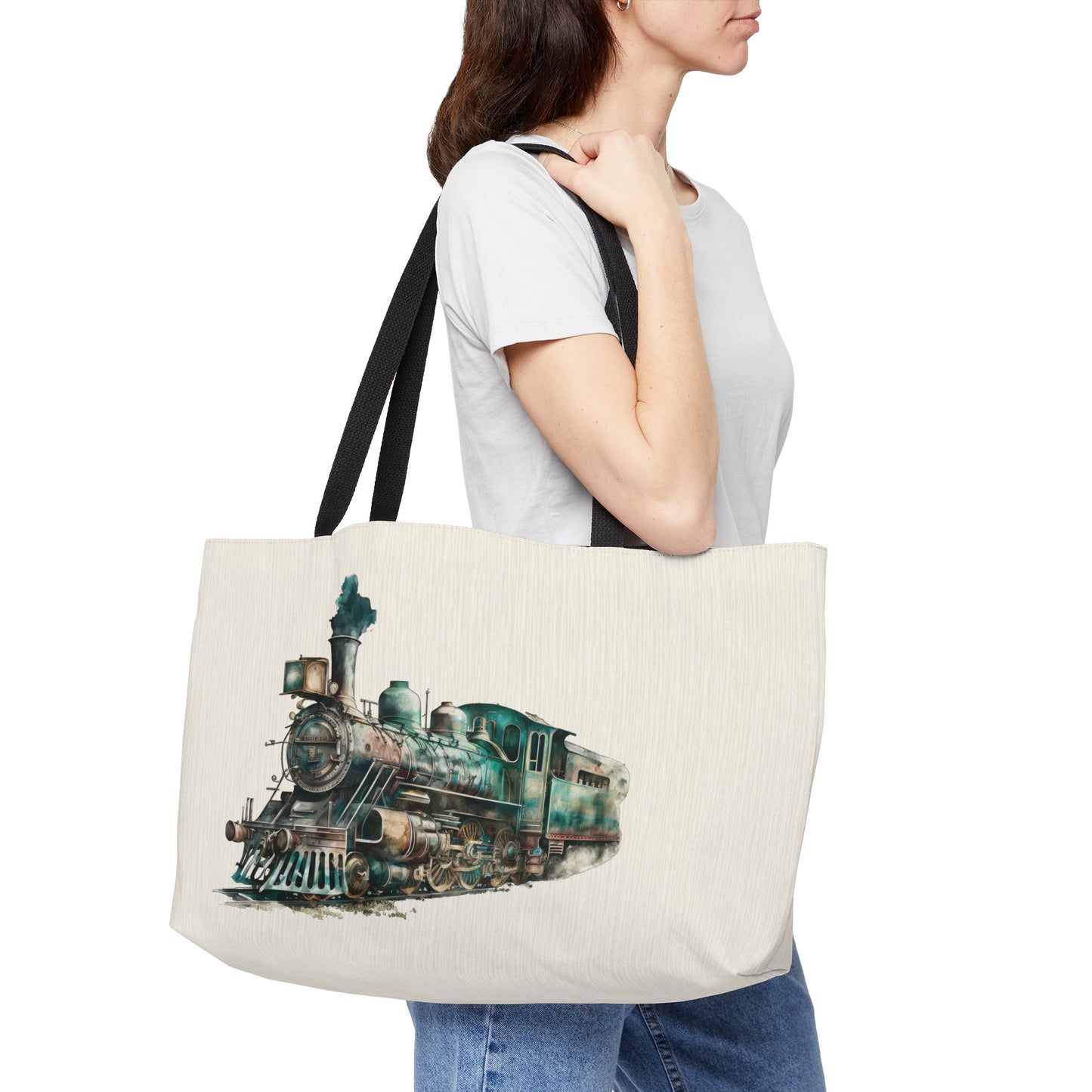 Vintage Steam Engine Train Weekender Tote Bag, Two Trains, Ex Large Train Lover Bag Gift - FlooredByArt