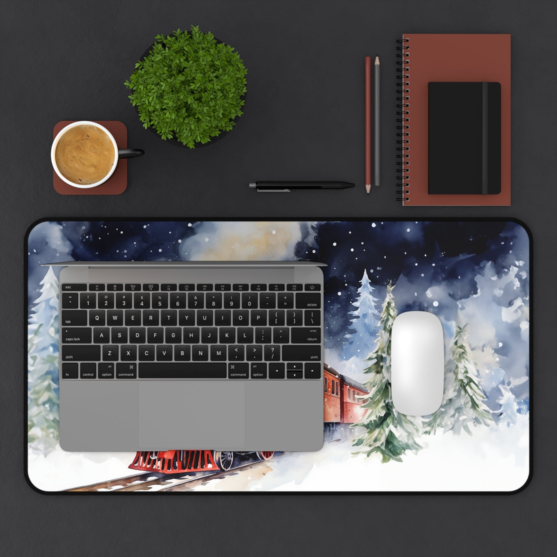 Vintage Steam Engine Winter Train Large Mouse Pad, Train Lover Gift - FlooredByArt
