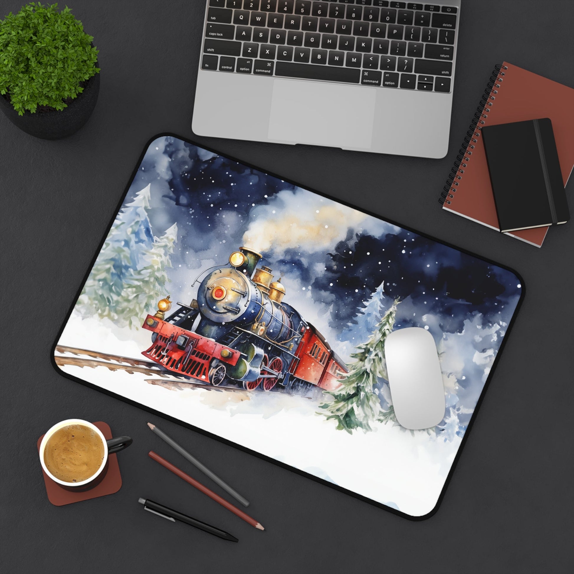 Vintage Steam Engine Winter Train Large Mouse Pad, Train Lover Gift - FlooredByArt