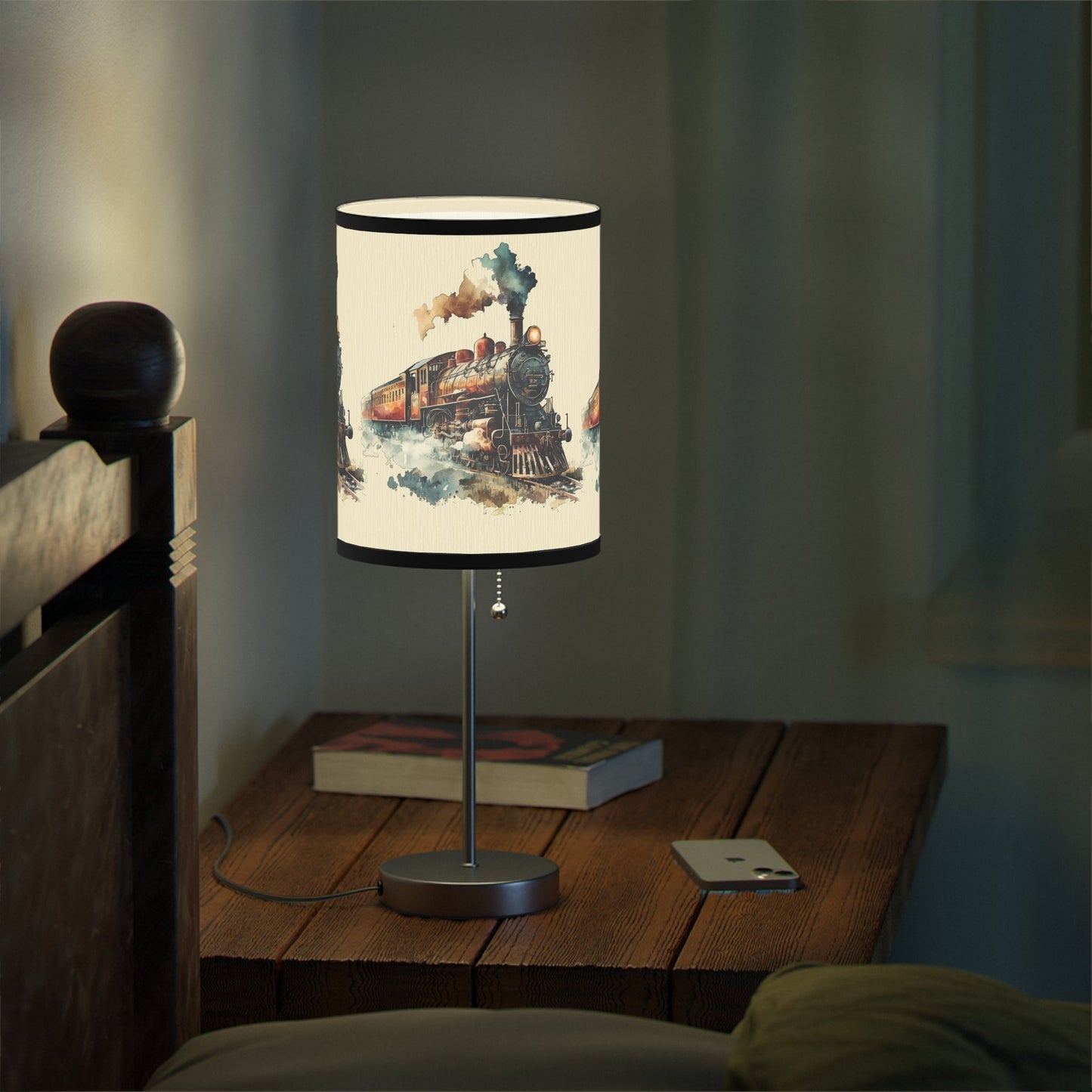 Vintage Train Lamp, Bronze Steam Locomotive Lampshade Light, Train Watercolor Print - FlooredByArt