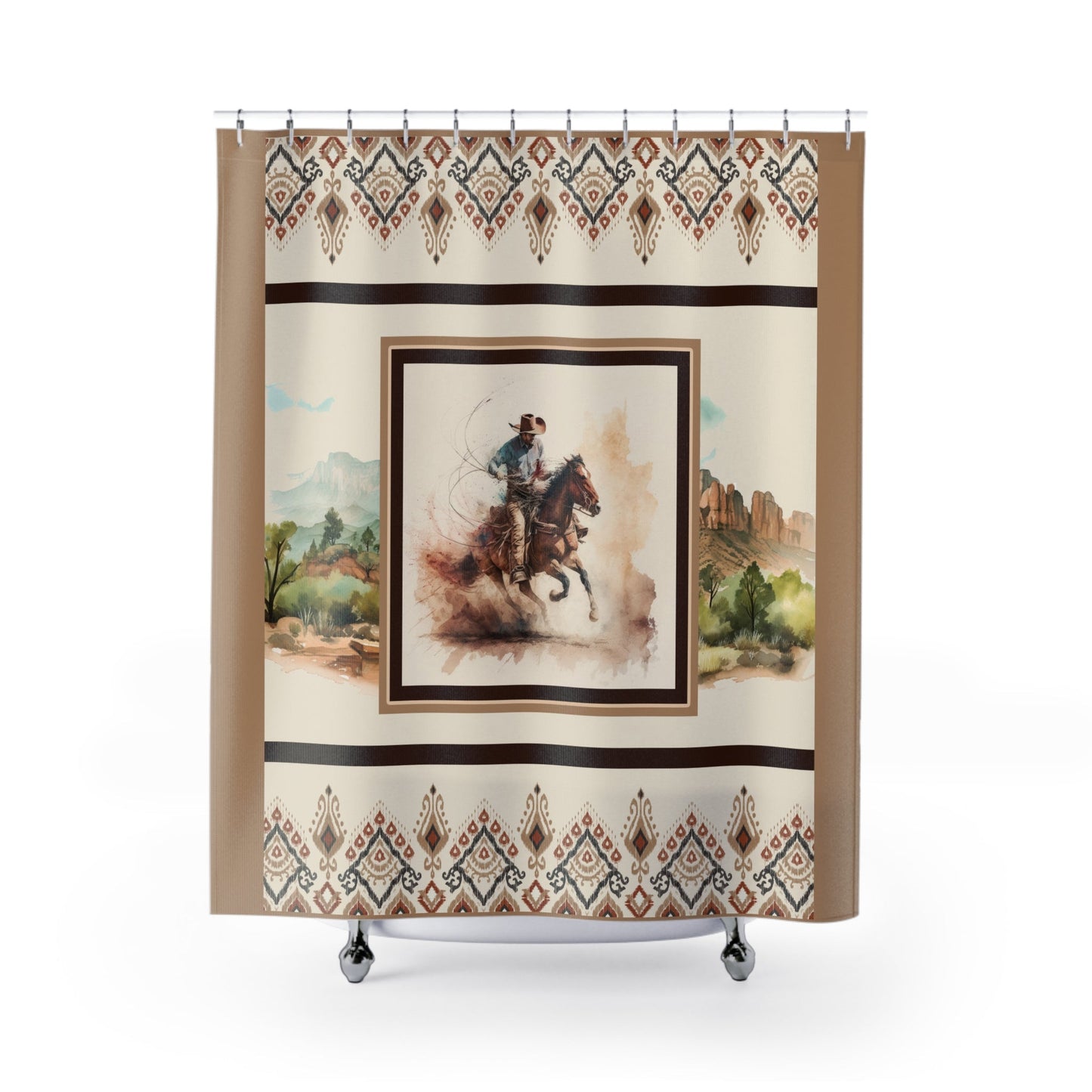 Western Cowboy Shower Curtain, Wild West Cowboy Horse Bathroom Decor, Cowboy Decor for the Horse Loving Western Theme Home, Rustic - FlooredByArt