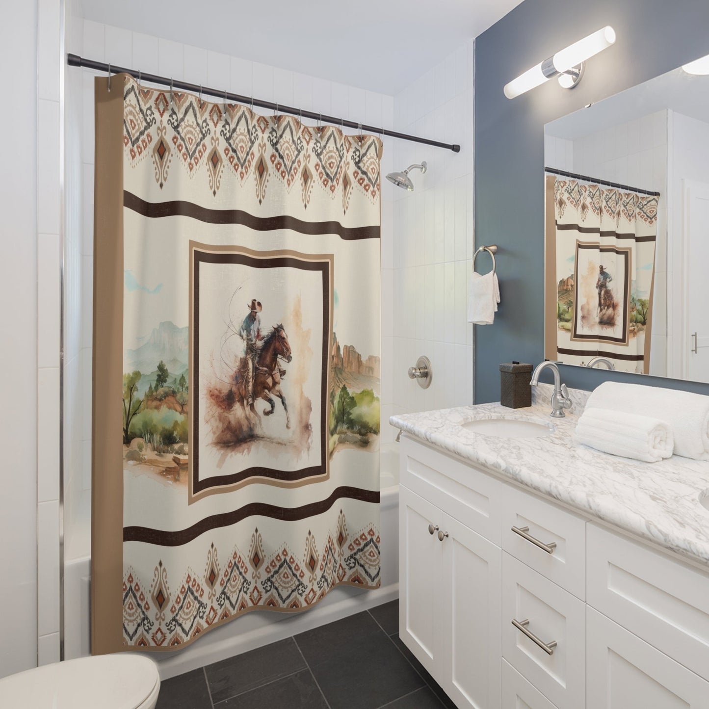 Western Cowboy Shower Curtain, Wild West Cowboy Horse Bathroom Decor, Cowboy Decor for the Horse Loving Western Theme Home, Rustic - FlooredByArt