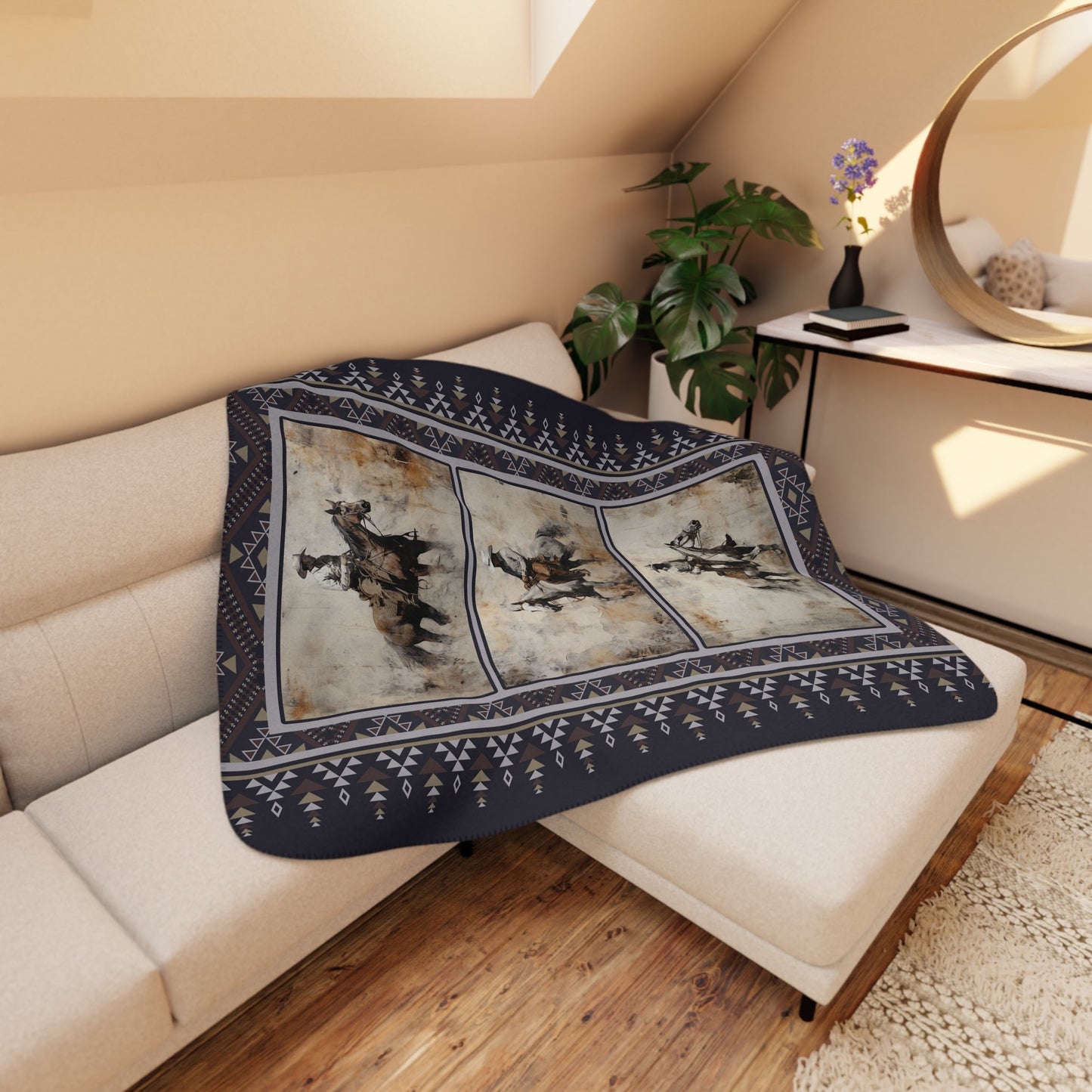 Wild West Cowboys Blanket, Western Horse Sherpa Throw, Navy Blue Aztec Pattern - FlooredByArt