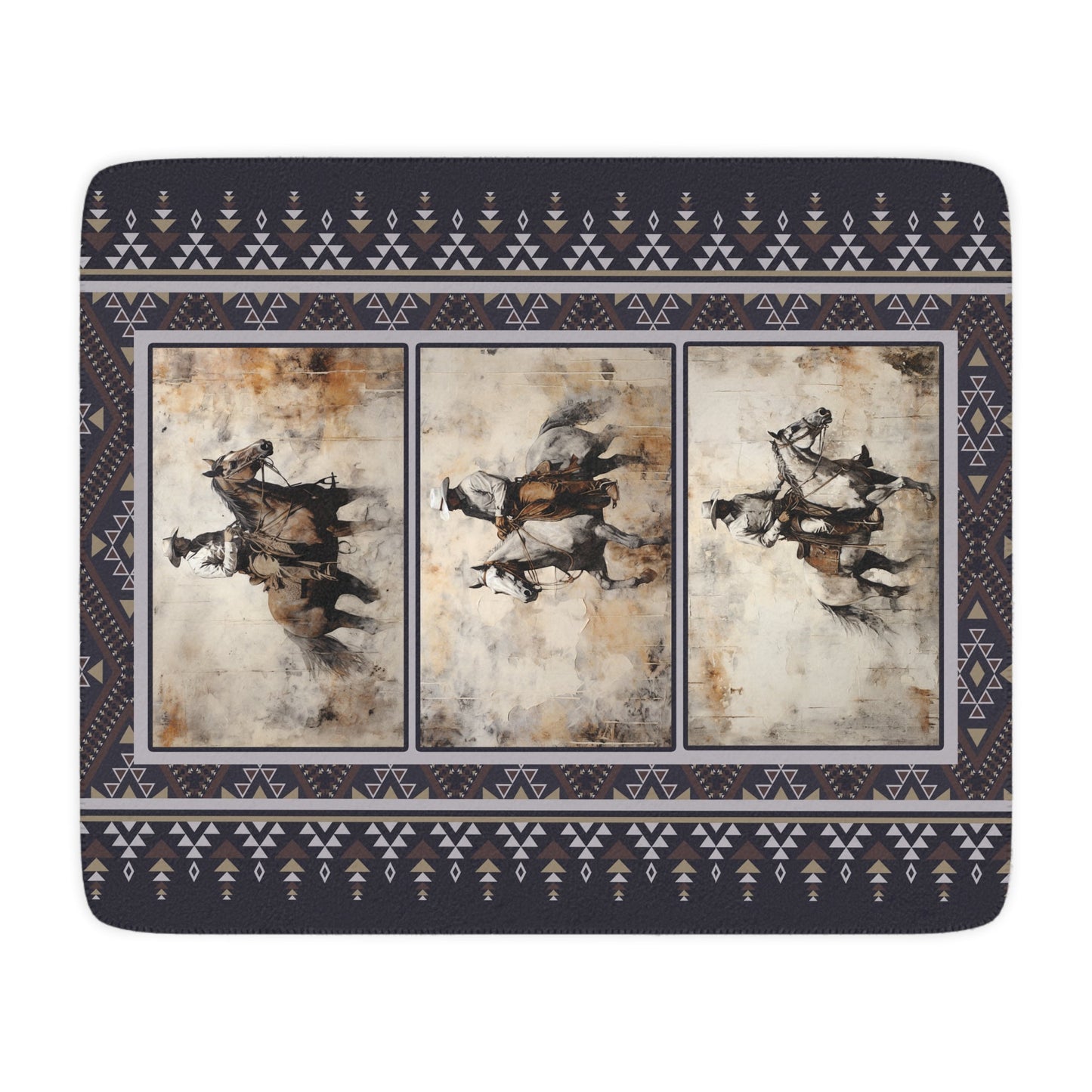 Wild West Cowboys Blanket, Western Horse Sherpa Throw, Navy Blue Aztec Pattern - FlooredByArt