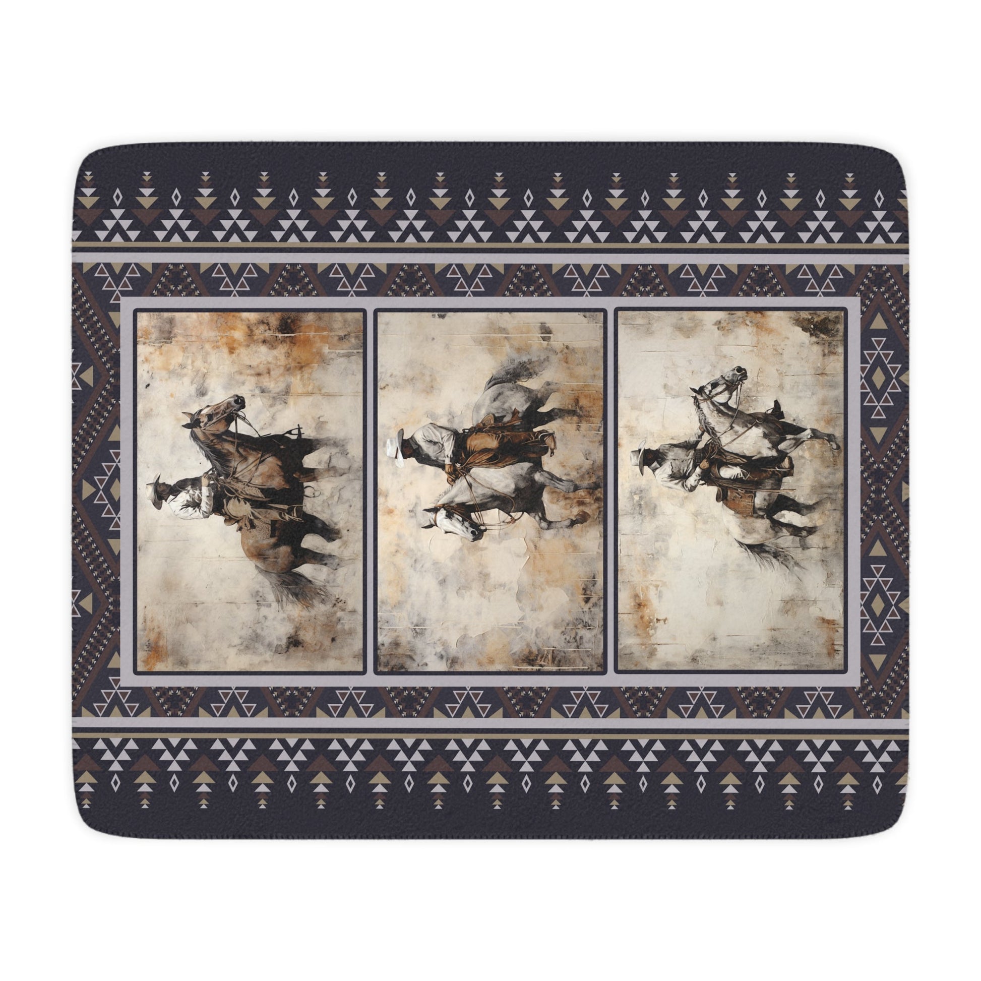 Wild West Cowboys Blanket, Western Horse Sherpa Throw, Navy Blue Aztec Pattern - FlooredByArt