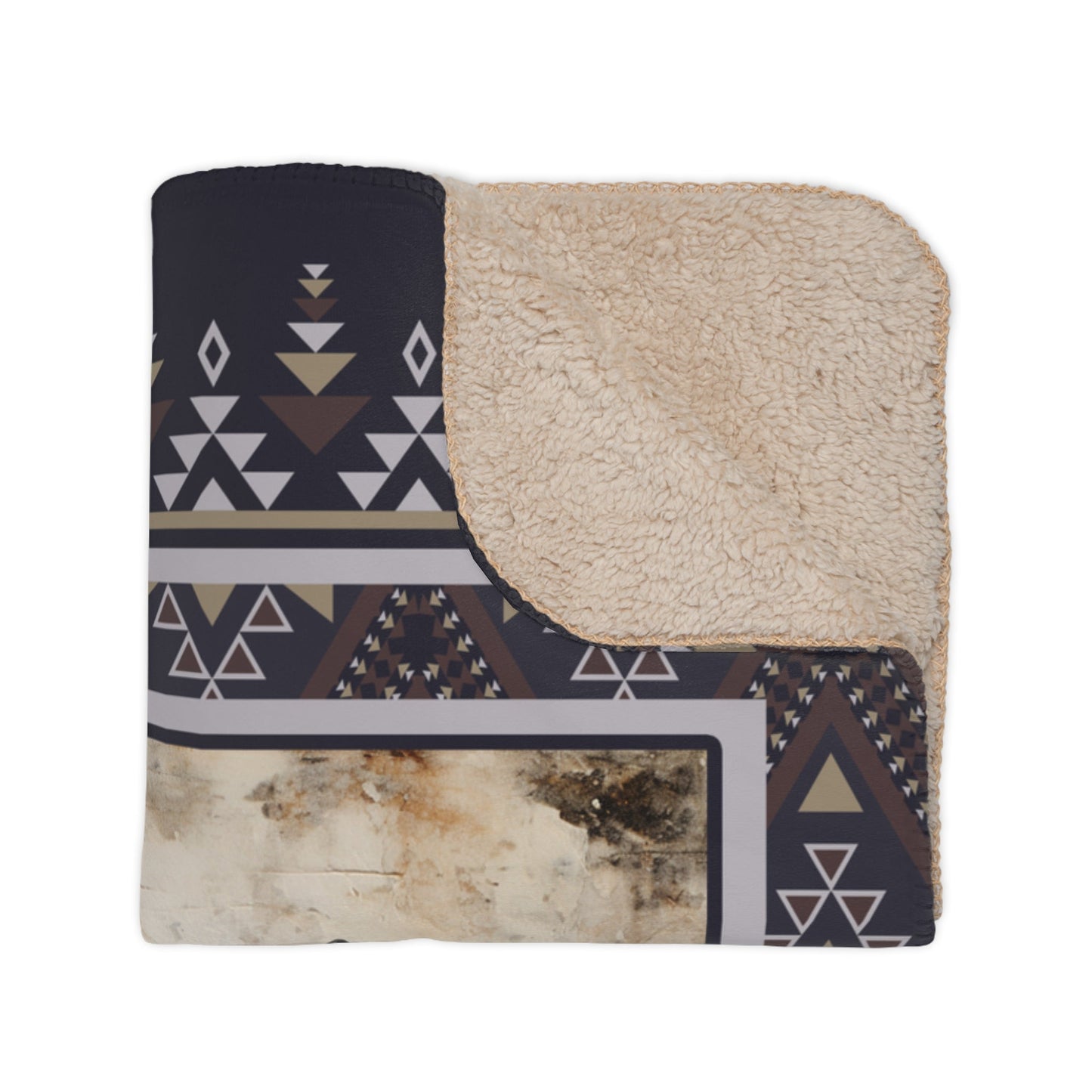 Wild West Cowboys Blanket, Western Horse Sherpa Throw, Navy Blue Aztec Pattern - FlooredByArt