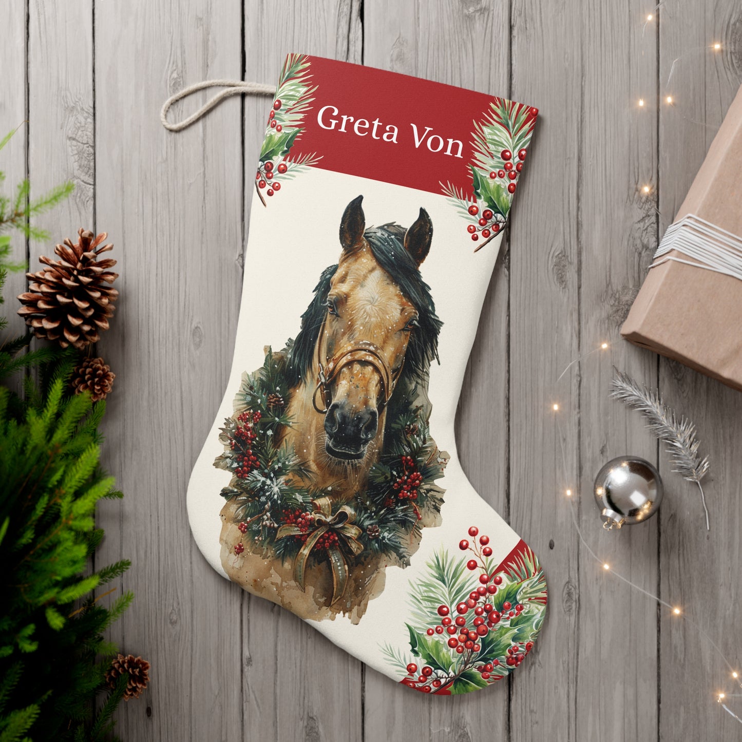 Brown Buckskin Horse Christmas Stocking, with Personalized Red Band Holiday Art Stocking