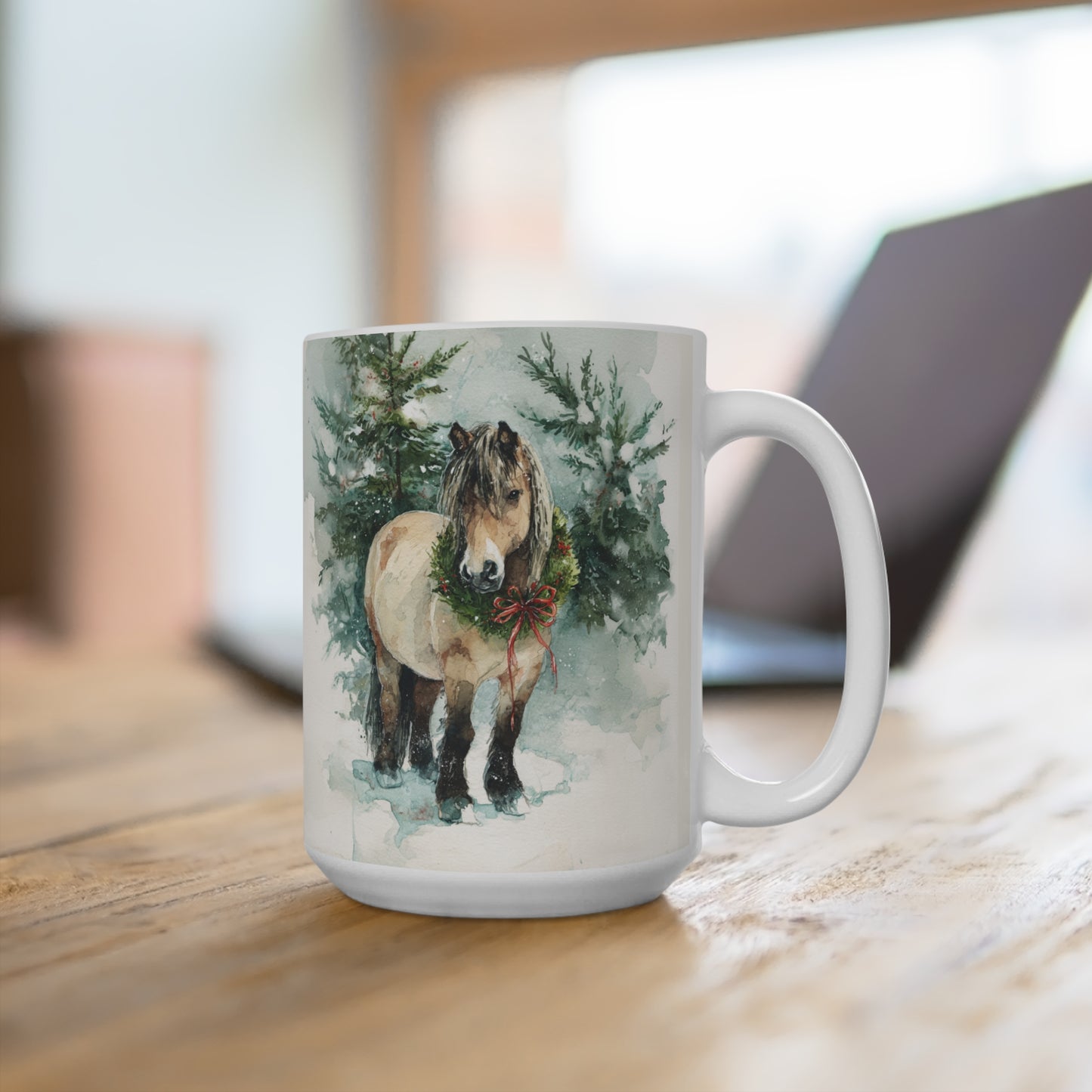 Fjord Horse - 15oz Ceramic Mug — Fjord Horse in Snow with Holiday Wreath (Christmas Winter Coffee Cup)