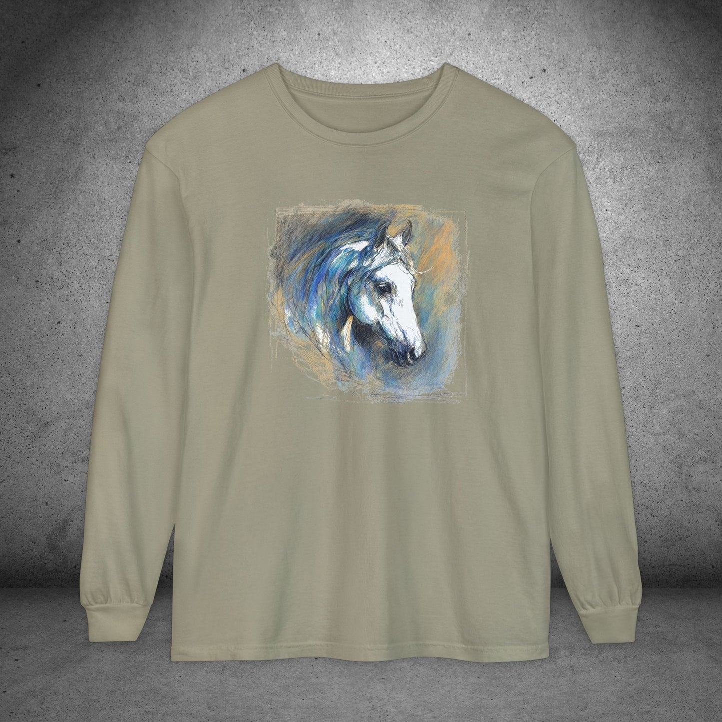 White Horse Art Long Sleeve Tee — Pastels Drawing - Equine Art