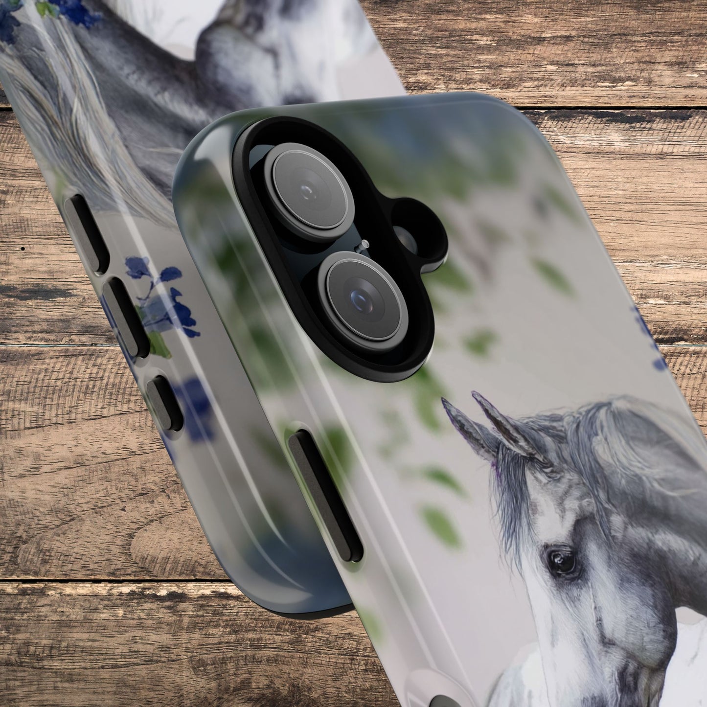 Dapple Gray Horse iPhone Case – Watercolor Horse & Flowers, Dual-Layer Protection for iPhone 14, 15 & 16