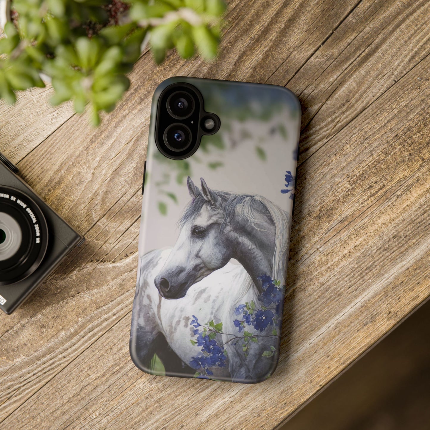 Dapple Gray Horse iPhone Case – Watercolor Horse & Flowers, Dual-Layer Protection for iPhone 14, 15 & 16