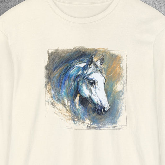White Horse Art Long Sleeve Tee — Pastels Drawing - Equine Art