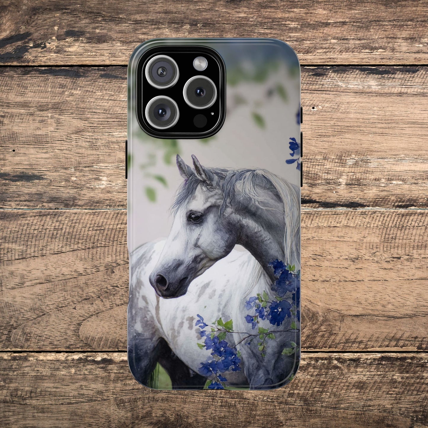 Dapple Gray Horse iPhone Case – Watercolor Horse & Flowers, Dual-Layer Protection for iPhone 14, 15 & 16
