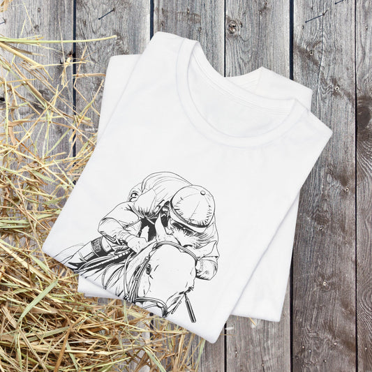 Thoroughbred Horse Racing T-Shirt – Cotton Jockey & Racehorse Art