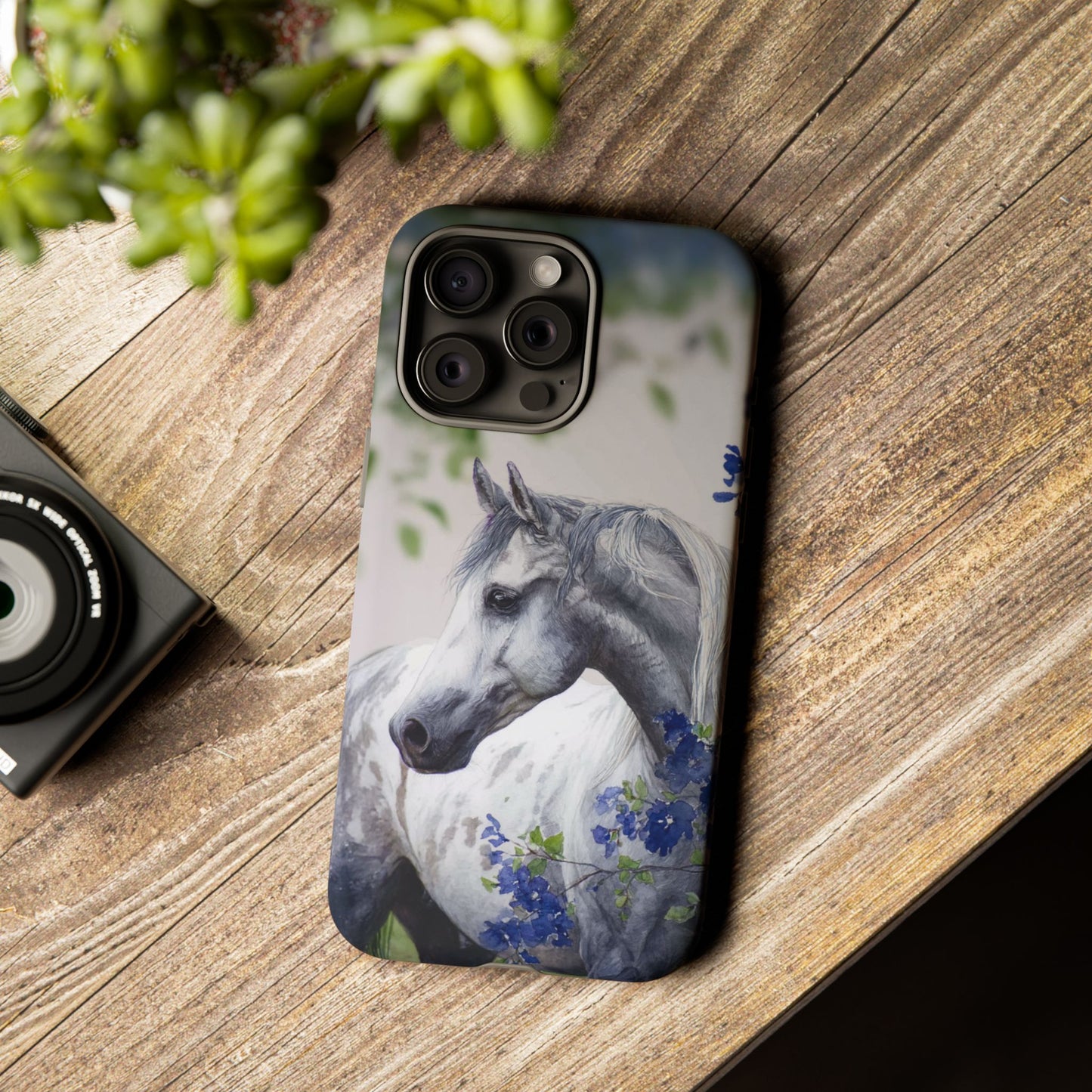 Dapple Gray Horse iPhone Case – Watercolor Horse & Flowers, Dual-Layer Protection for iPhone 14, 15 & 16
