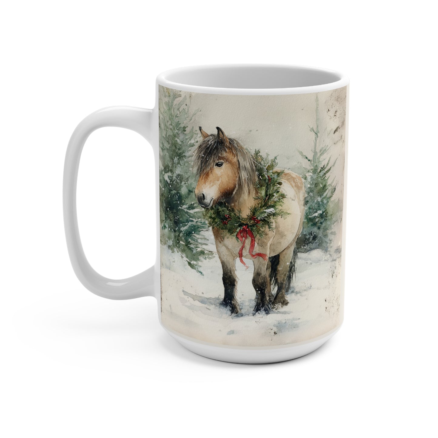 Fjord Horse - 15oz Ceramic Mug — Fjord Horse in Snow with Holiday Wreath (Christmas Winter Coffee Cup)